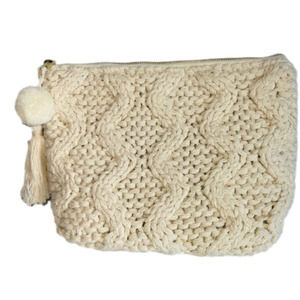 𝅺ENCHANTE Accessories Boho Woven Knit Bag with Tassel and Puff Ball